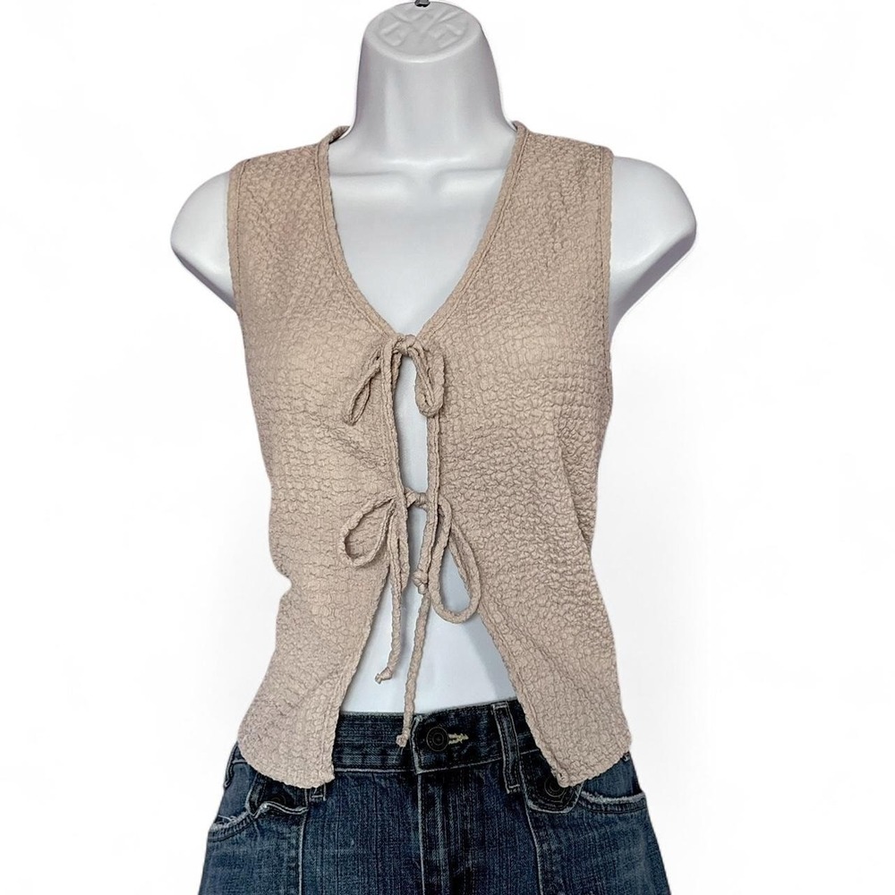 Boho Textured Tie-Front Beige Vest Top